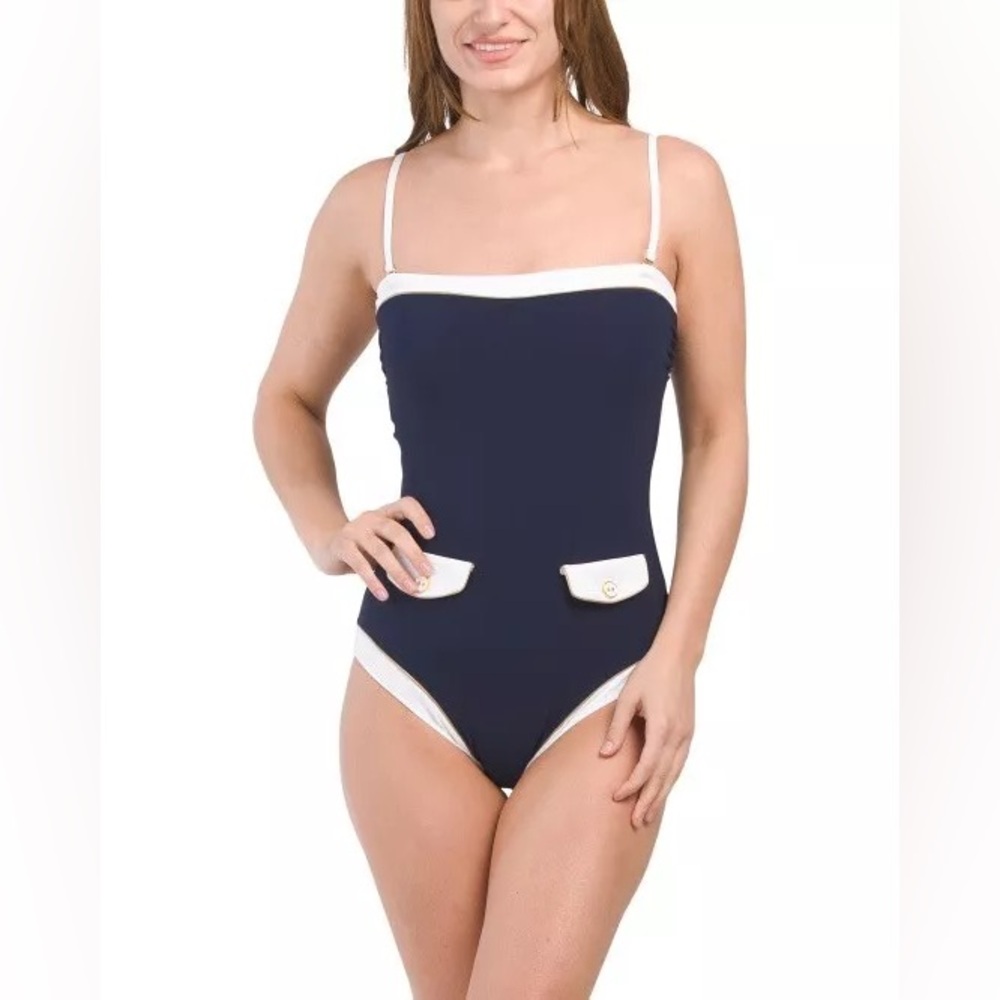 GOTTEX Size 16 High Class Bandeau One-piece Swimsuit Navy White Faux Pockets NEW